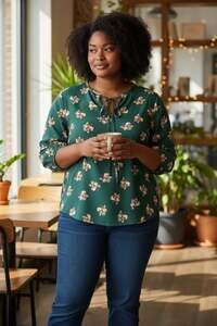 WEST Kei Women's Sophia Three Quarter Sleeve Blouse‎ - Teal Green Floral size Lg